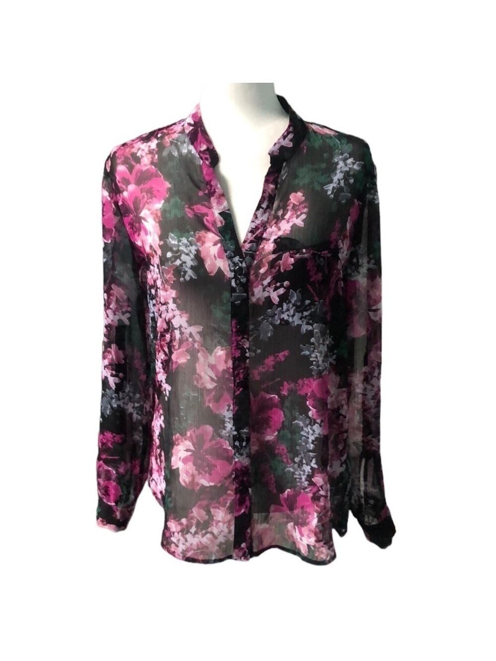 Kut from the Kloth Sheer Button Down Floral Blouse Roll Tab Sleeve Size S